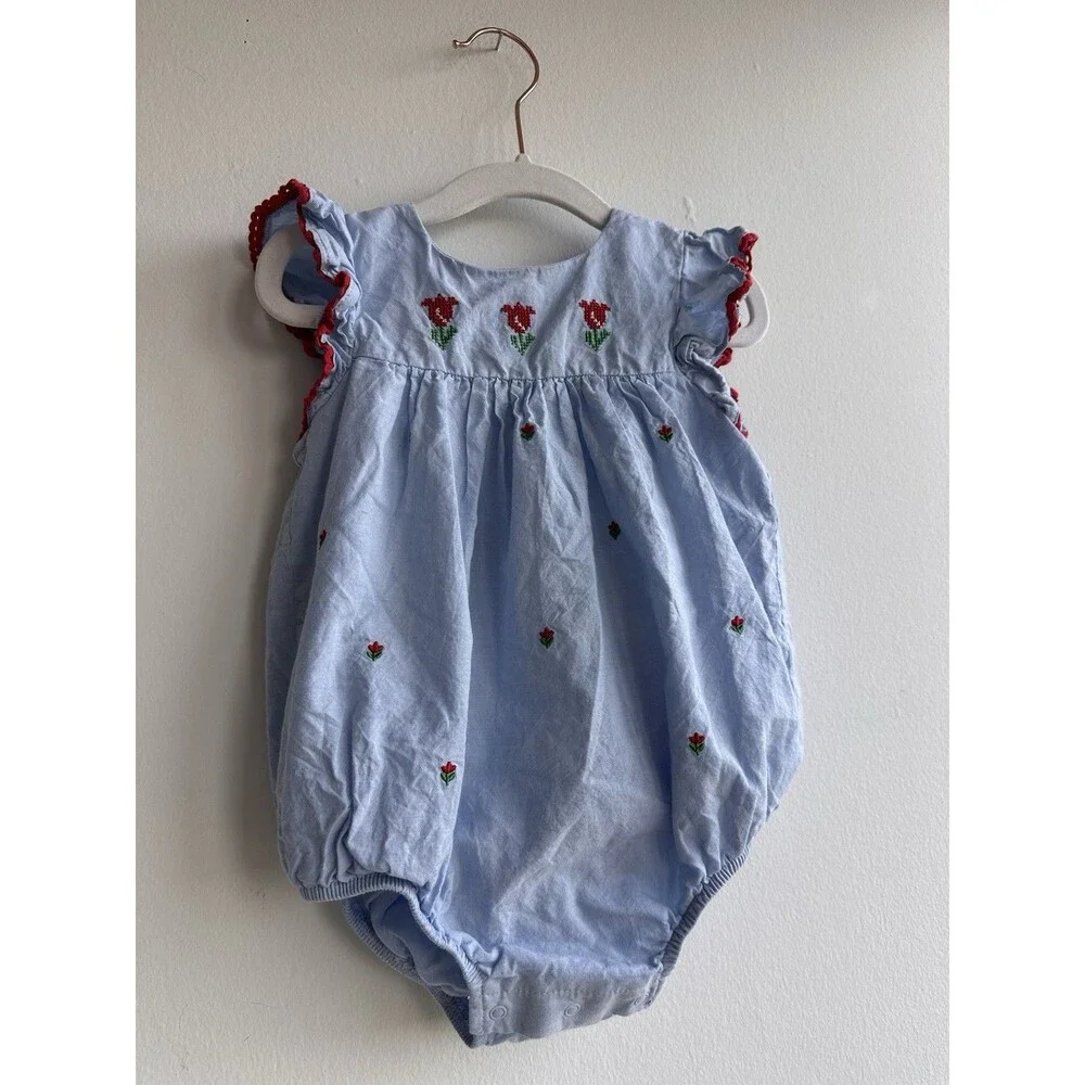 100% Cotton 24M Blue Floral Embroidered Romper Woven Sleeveless Ruffle Button